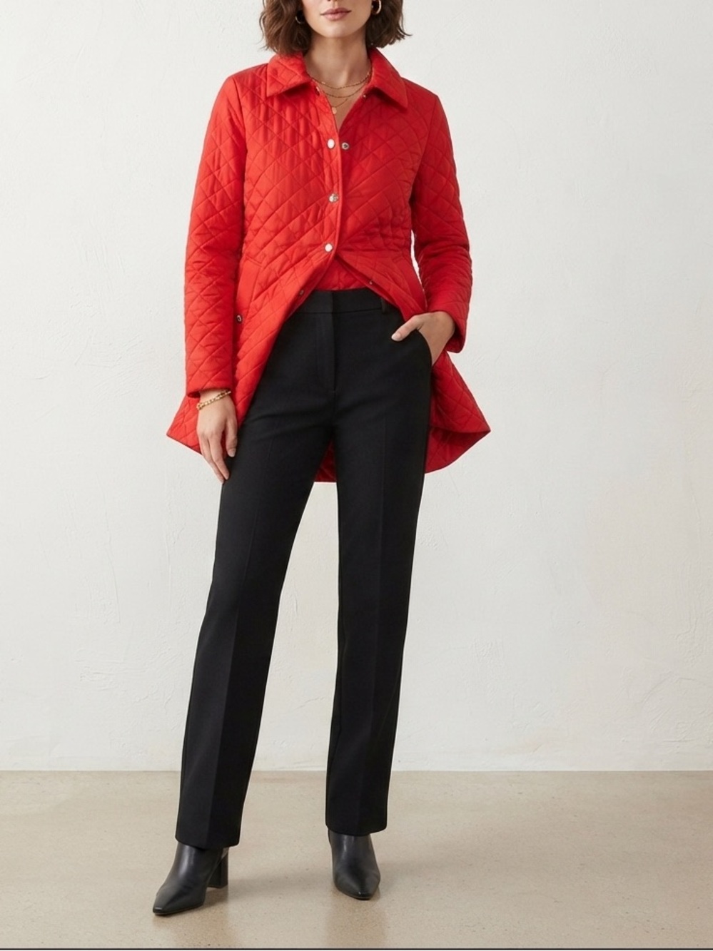 Anne Klein Red Quilted Snap-Front Puffer Jacket